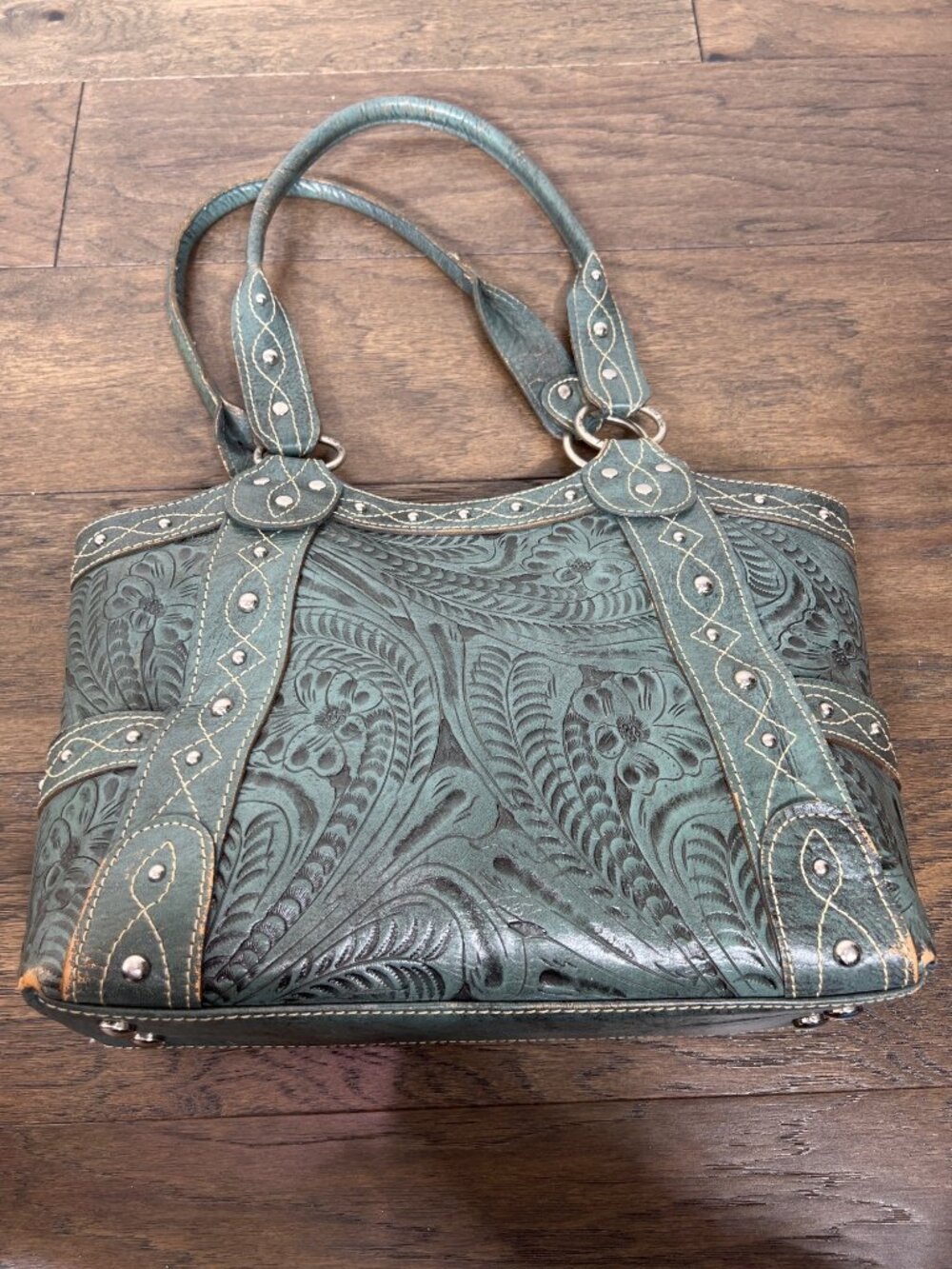 AMERICAN WEST Double Handle Tooled Leather Floral Design Bag Sage EUC - Picture 5 of 11